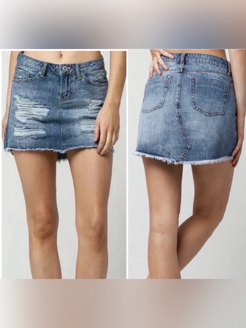 Vanilla Star Denim Mini Skirt Sz 7 Premium Blue Distressed and Destroyed Raw Hem